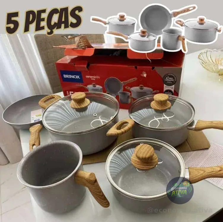 Conjunto De 5 Panelas Gris Brinox Ceramic Life Easy Cinza