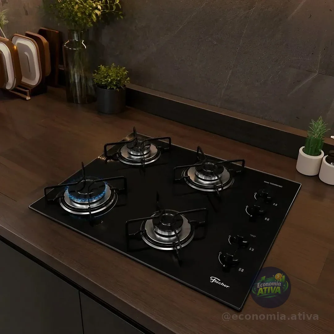 FISCHER COOKTOP À GÁS 4 BOCAS FIT LINE TREMPE ARAMADO MESA VIDRO PRETO BIVOLT 36350-102675