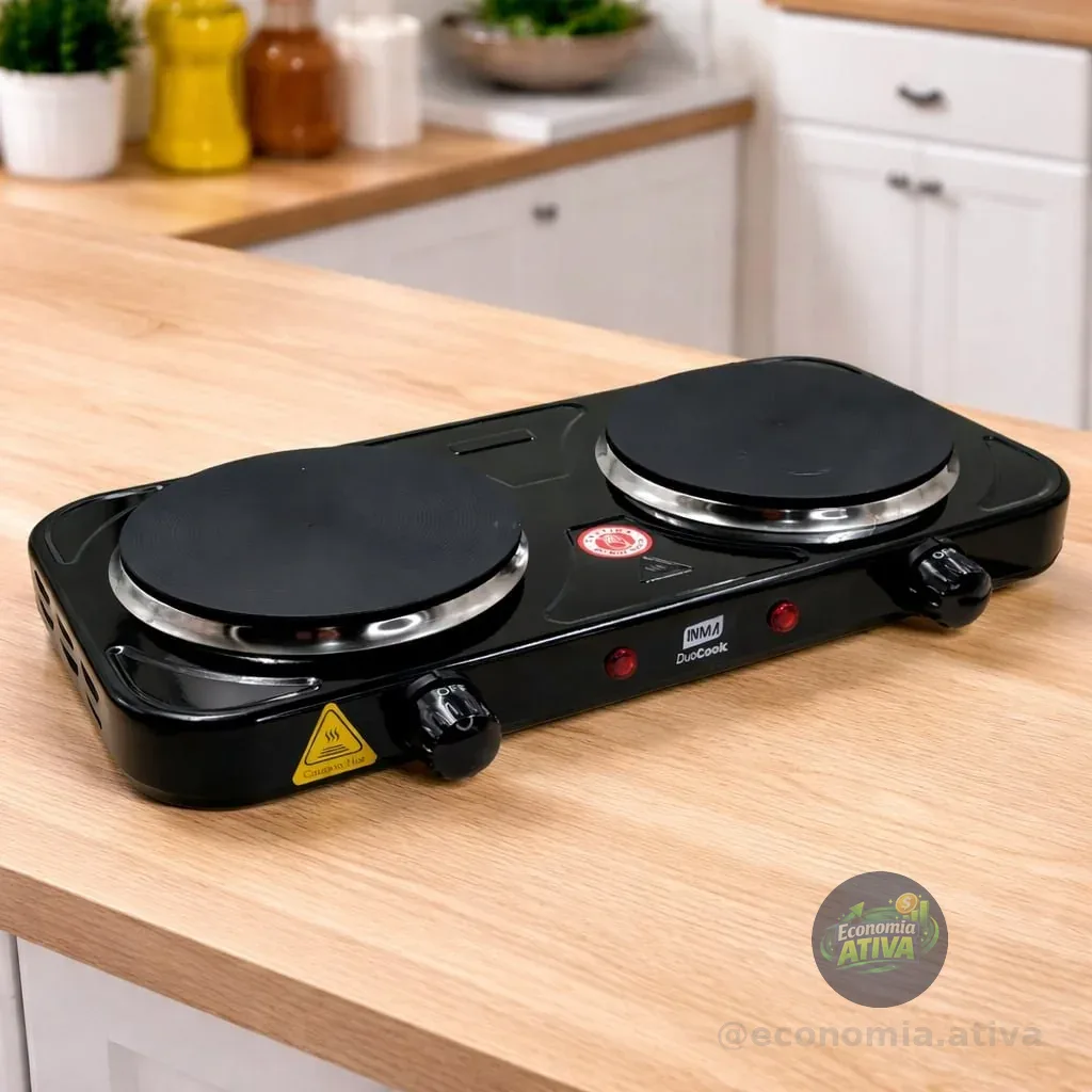 Fogão De Mesa Elétrico Inma De 2 Bocas Para Camping E Viagem, Em Inox Preto 127v