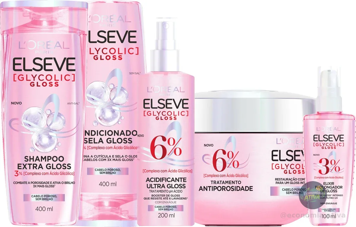 Kit Tratamento Capilar L'Oréal Paris Elseve Glycolic Gloss - Shampoo Extra 400 ml - Condicionador Sela 400 ml - Acidificante Ultra 200 ml - Máscara Capilar - Elixir Prolongador de Gloss 100ml