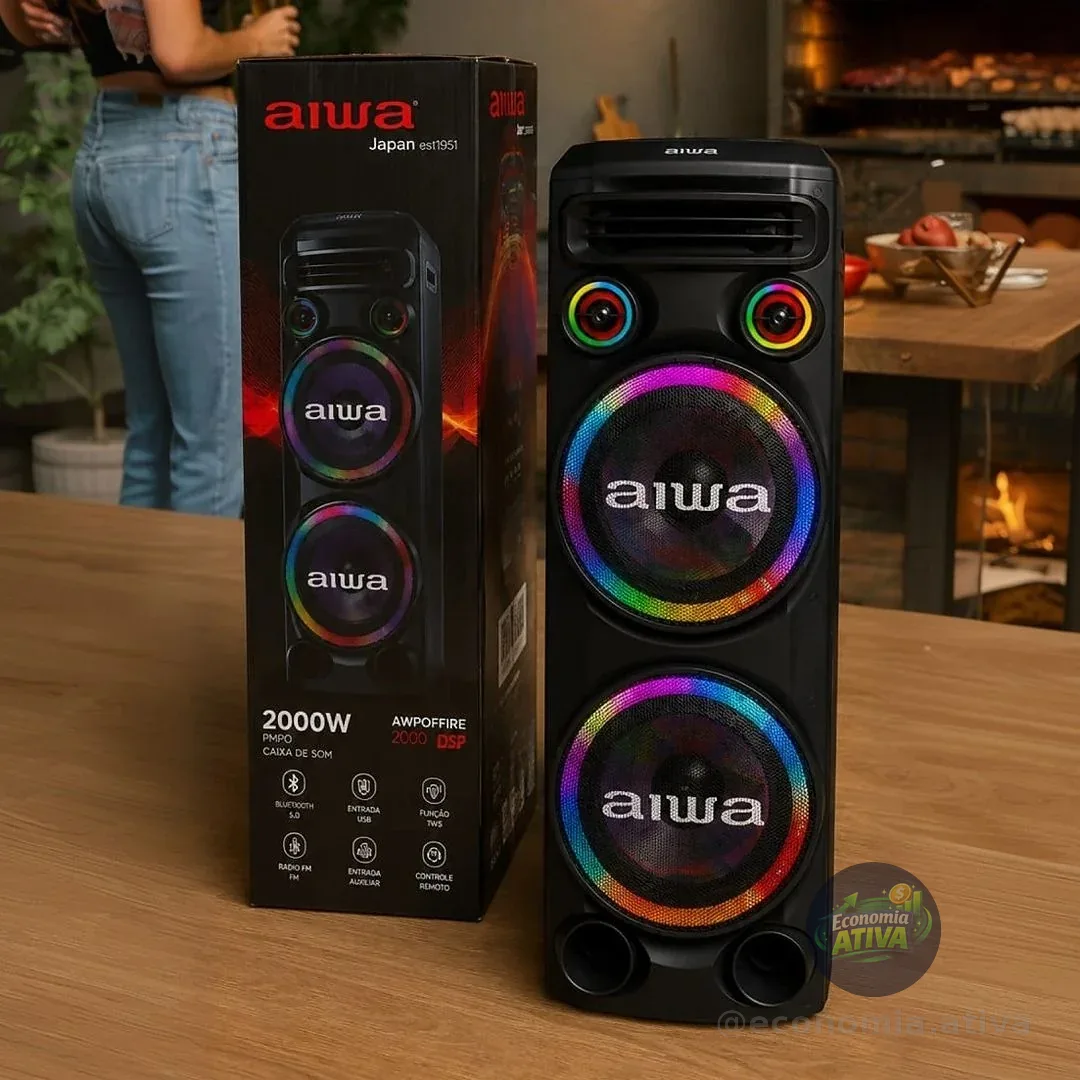 Aiwa AWS-T2W-02 Torre de Som Bluetooth Preto 2300W RMS com RGB LED e Dupla Luz Strobo