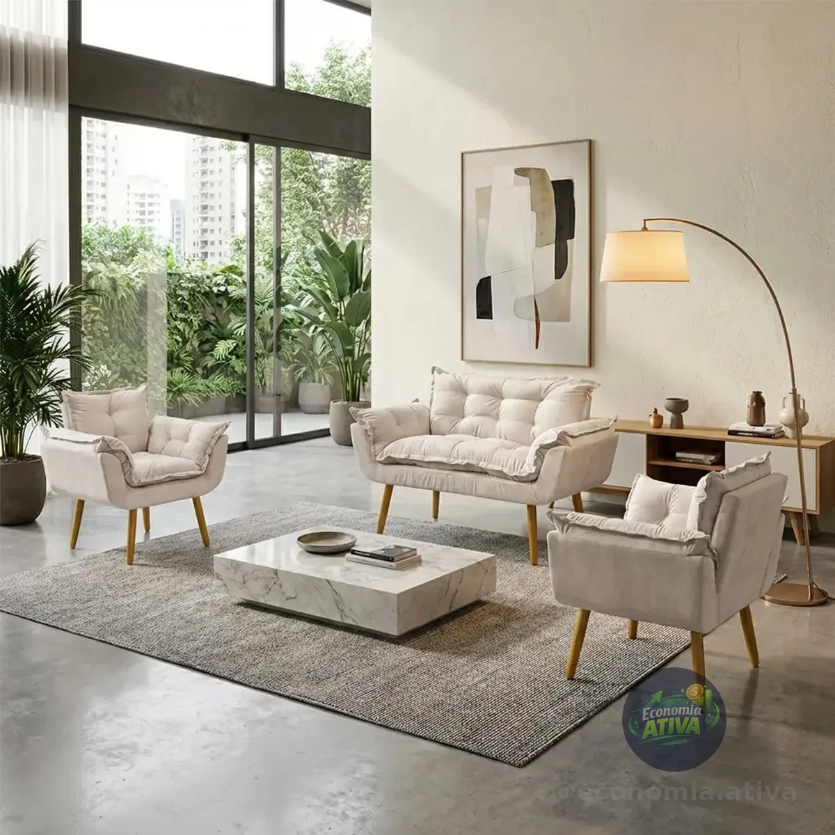 Kit Namoradeira e 2 Poltronas Alice Decorativas Suede Bege