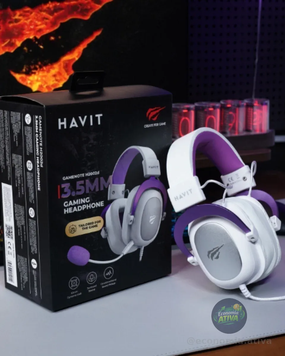 Havit Headphone Fone de Ouvido H2002d Purple, Gamer, com Microfone, Falante 53mm, Plug 3, 5mm: compatível com XBOX ONE e PS4, HAVIT, HV-H2002d Cor Roxo e Branco