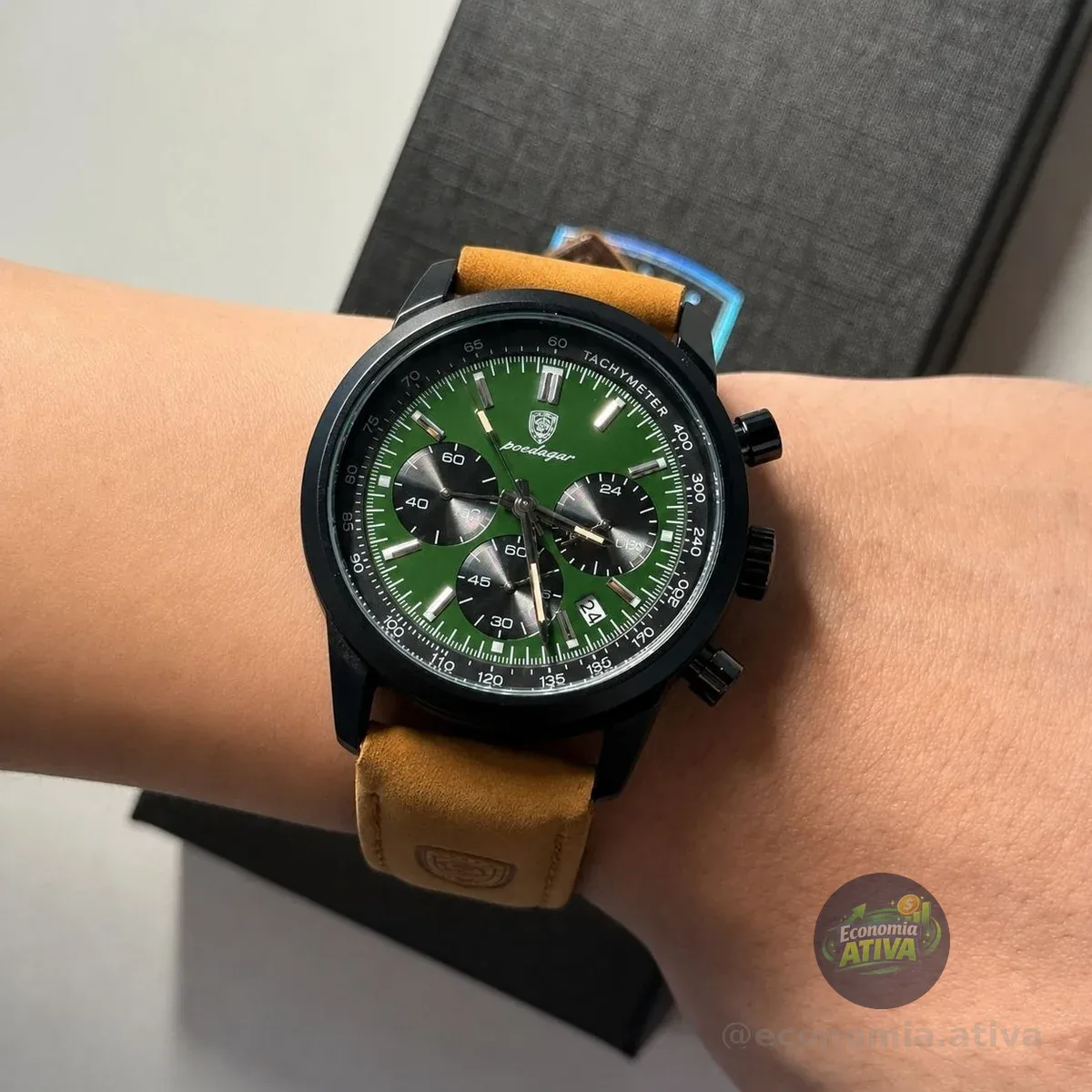 Relógio Luxo Poedagar Masculino Pulseira Em Couro Funcional