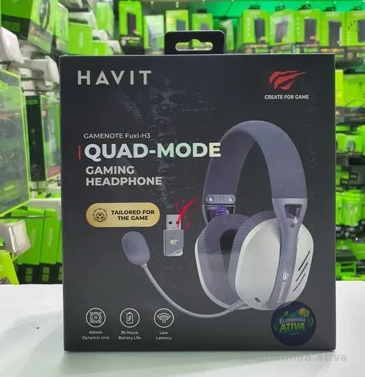 Havit Fone de Ouvido Headset Gamer Fuxi-H3 Gray, Com Fio e Sem Fio, Wireless 2,4GHz, Bluetooth, Cabo USB-C, Cabo 3,5mm. Surround, Baixa Latência, Quad-Mode
