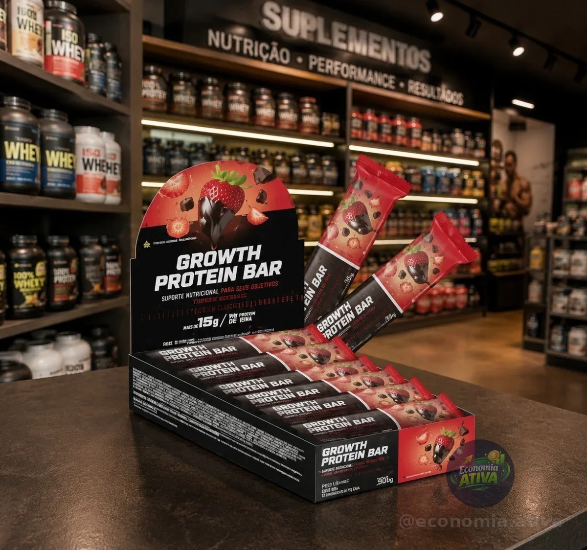 Caixa com 12 Un. - Barra De Proteína Growth Supplements, Sabor Morango com Chocolate