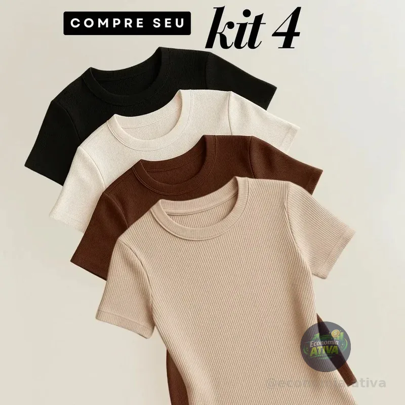 Kit 4 Blusas Feminina Ribana Canelado Estilosa Básica Casual Preto, Branco, Marrom E Nude Lisa M/g (36/42)