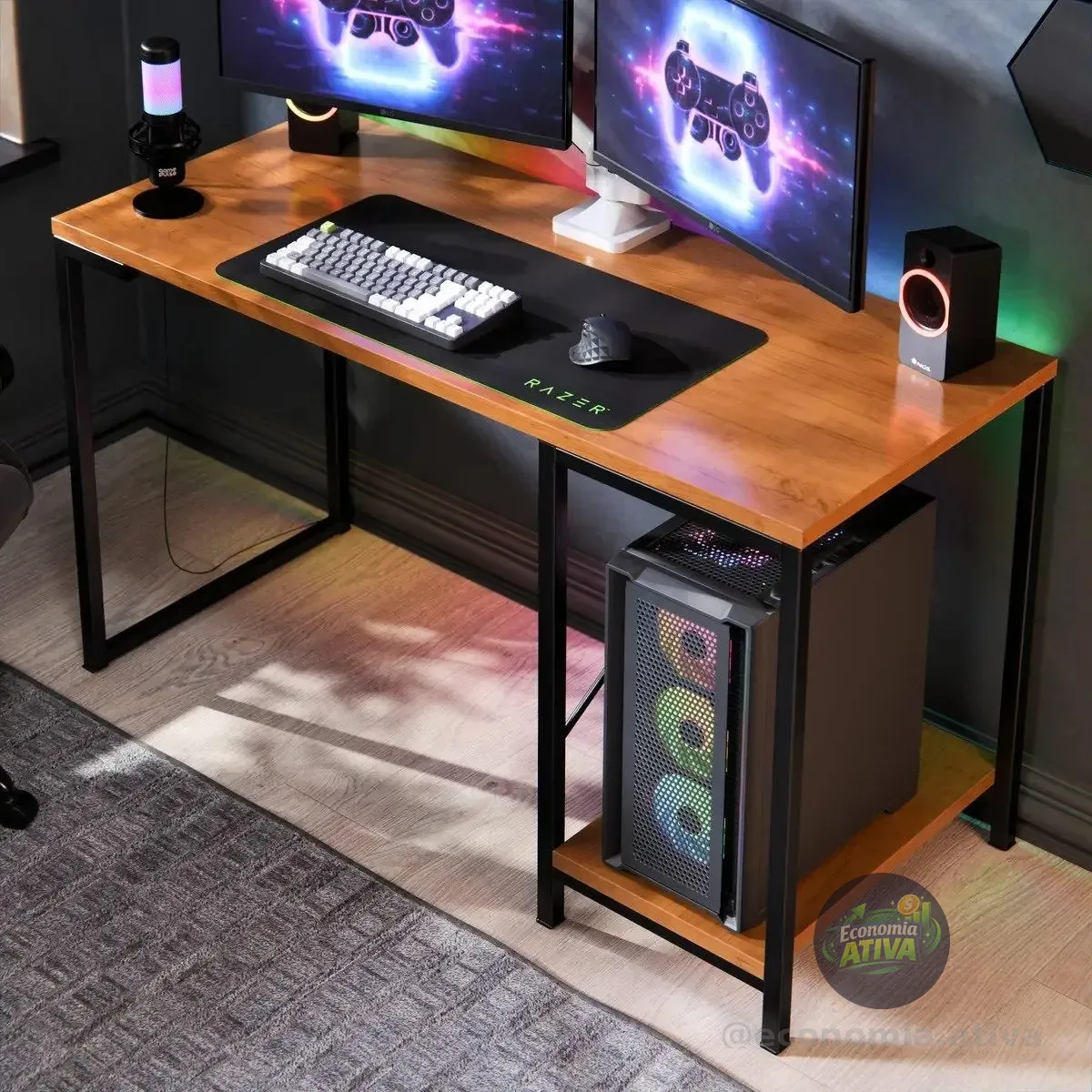 Escrivaninha Gamer Tóquio Industrial Maxi Do Brasil Com Suporte P/ Cpu E Prateleira Lateral Preto/canela