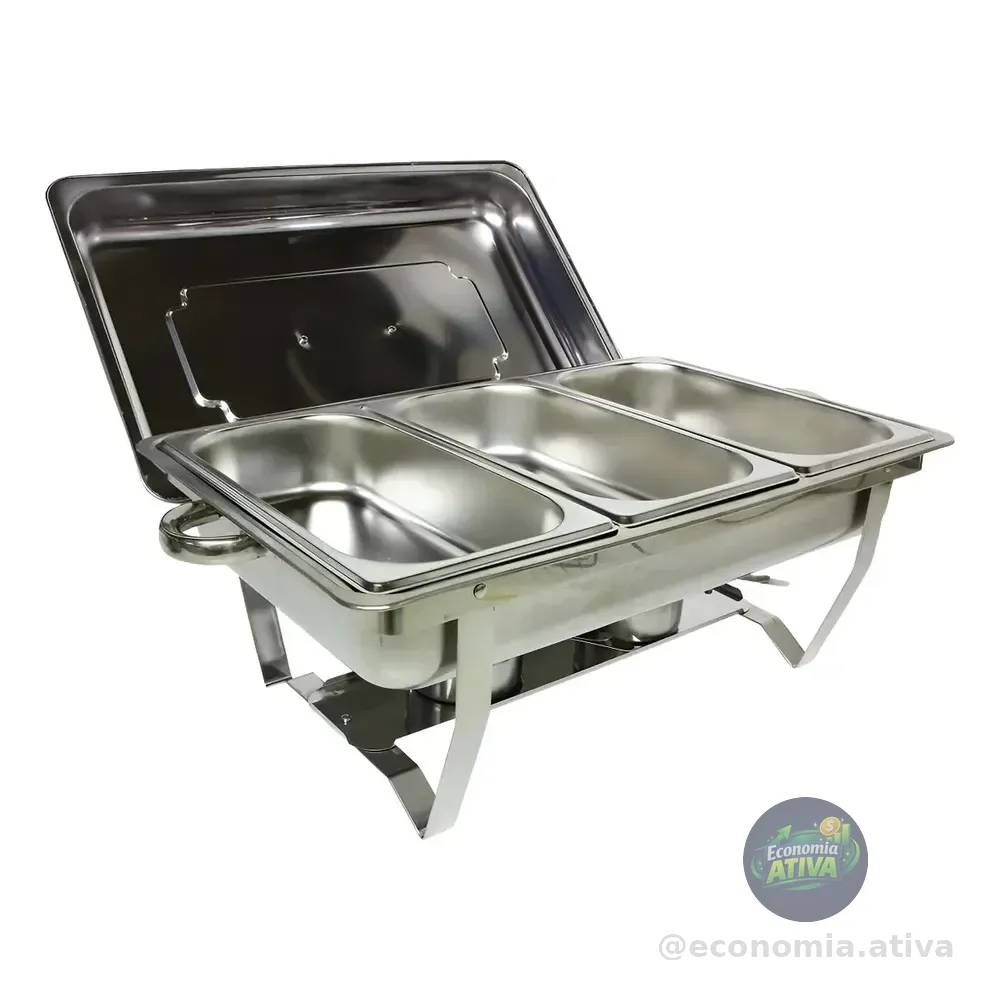 ✅ JMA Inox KL065-03-1 Rechaud 9 Litros 1/3 Panelas Banho Maria 3 Cubas Buffet