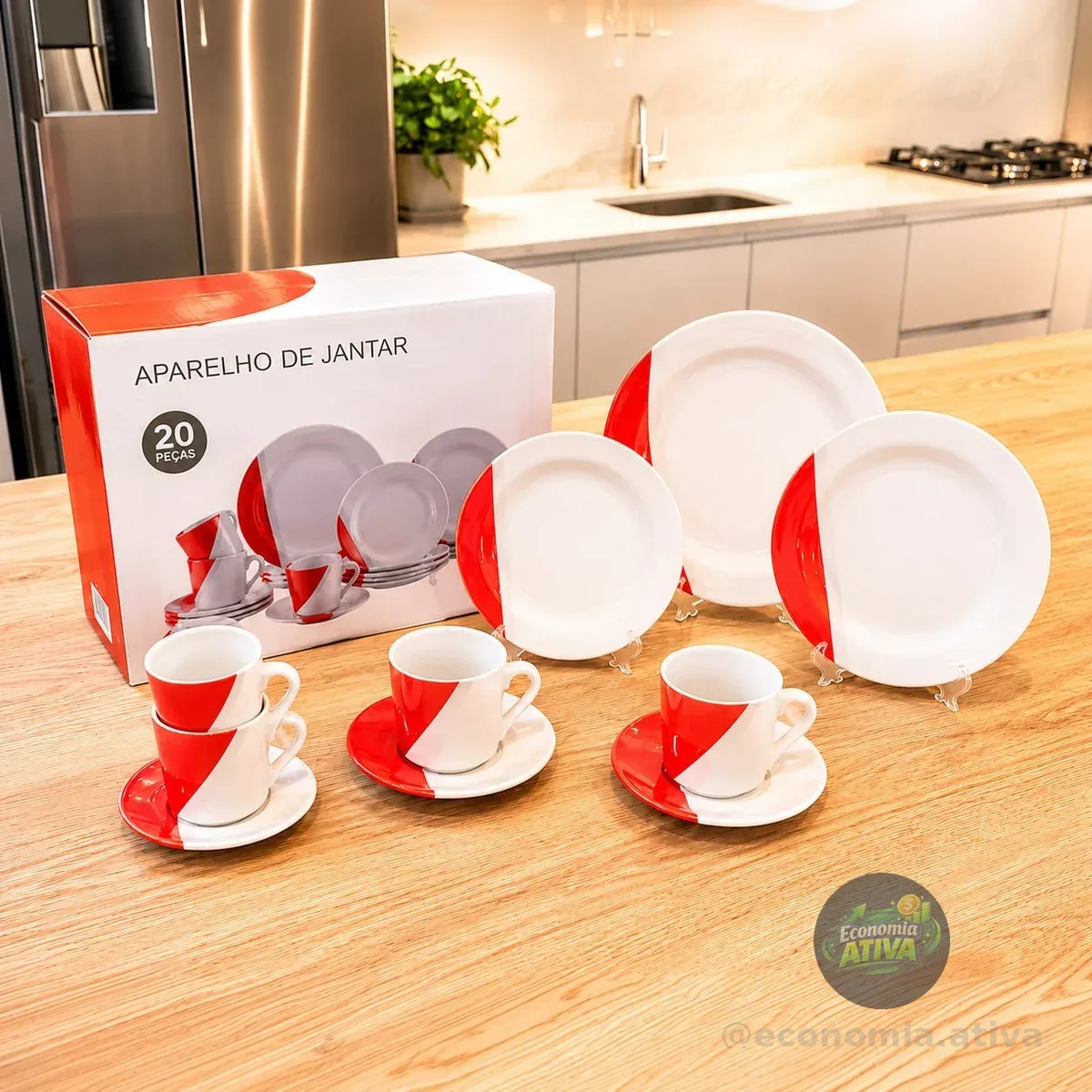 ✅ Aparelho de Jantar e Chá 20 Peças Cerâmica Brasilia Redondo Branco e Vermelho Atual