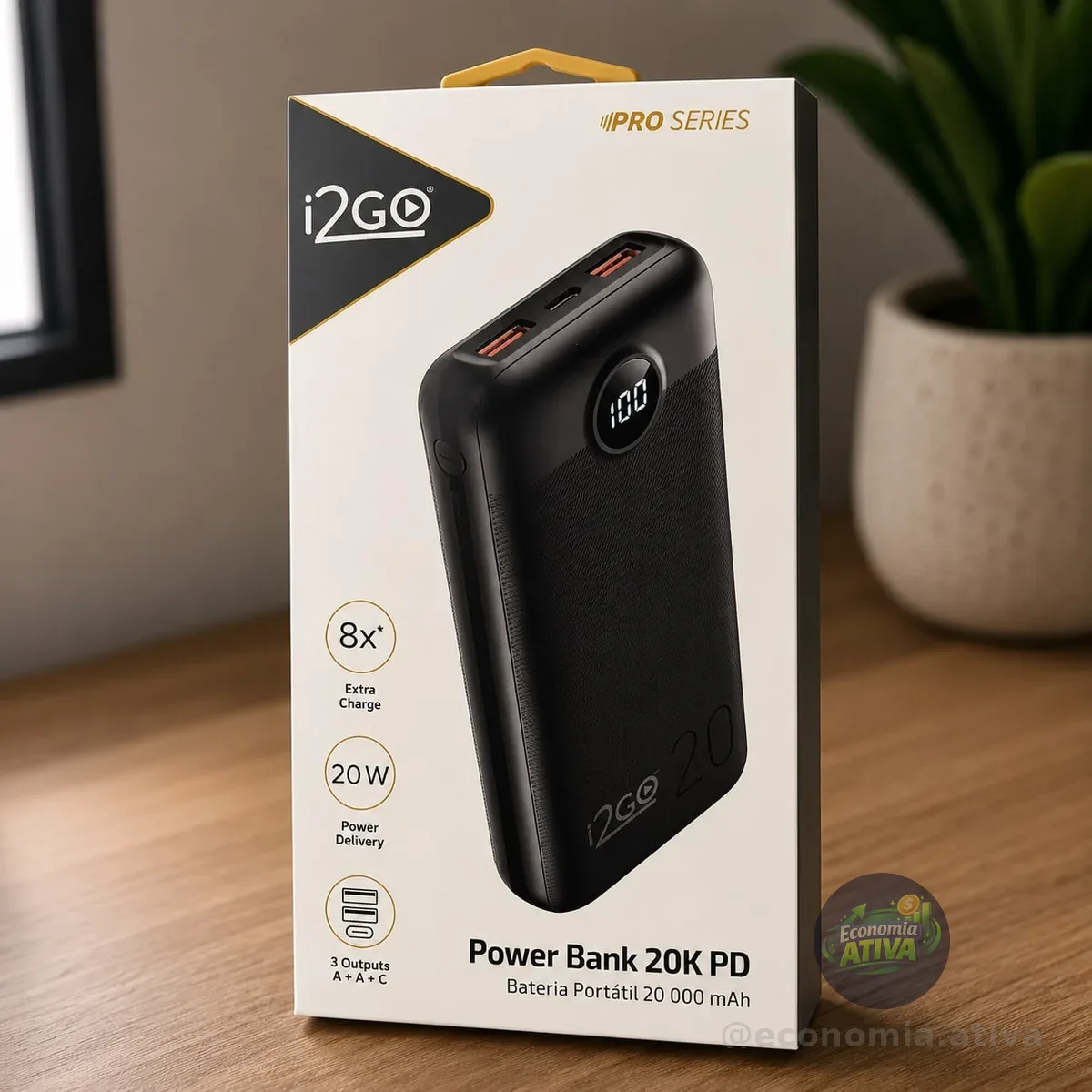 I2GO, Carregador Portátil (Power Bank) Ultra Rápido 20000mAh, Power Delivery 20W, 2 Saídas USB + 1 Saída/Entrada USB-C, Preto, i2GO PRO