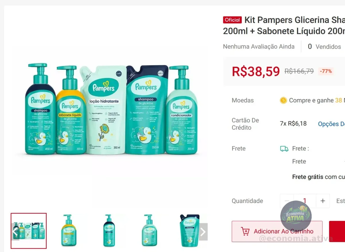 Kit Pampers Glicerina Shampoo 350ml e 400ml + Condicionador 200ml + Sabonete Líquido 200ml + Loção