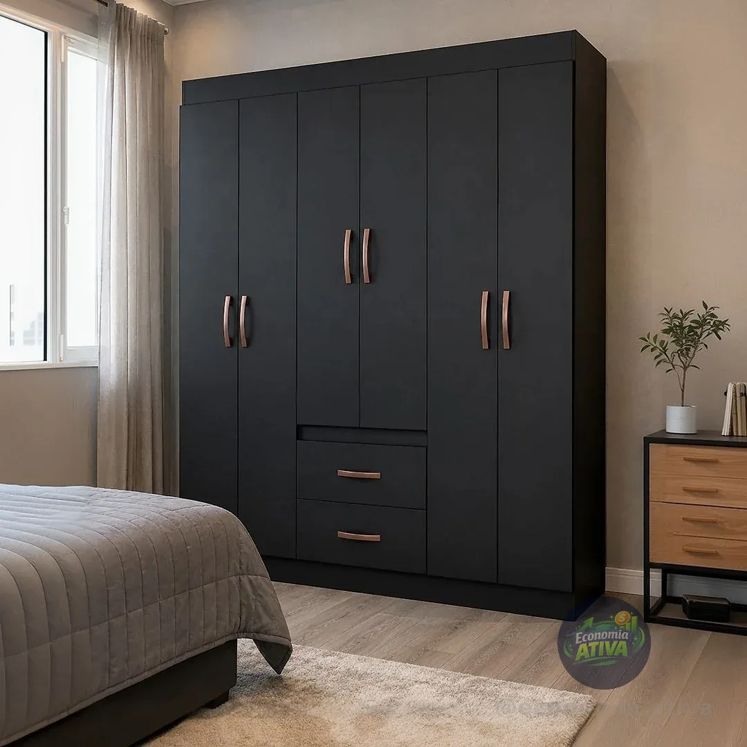 Guarda Roupa Solteiro 6 Portas 2 Gavetas Sidney Doripel Cor Preto