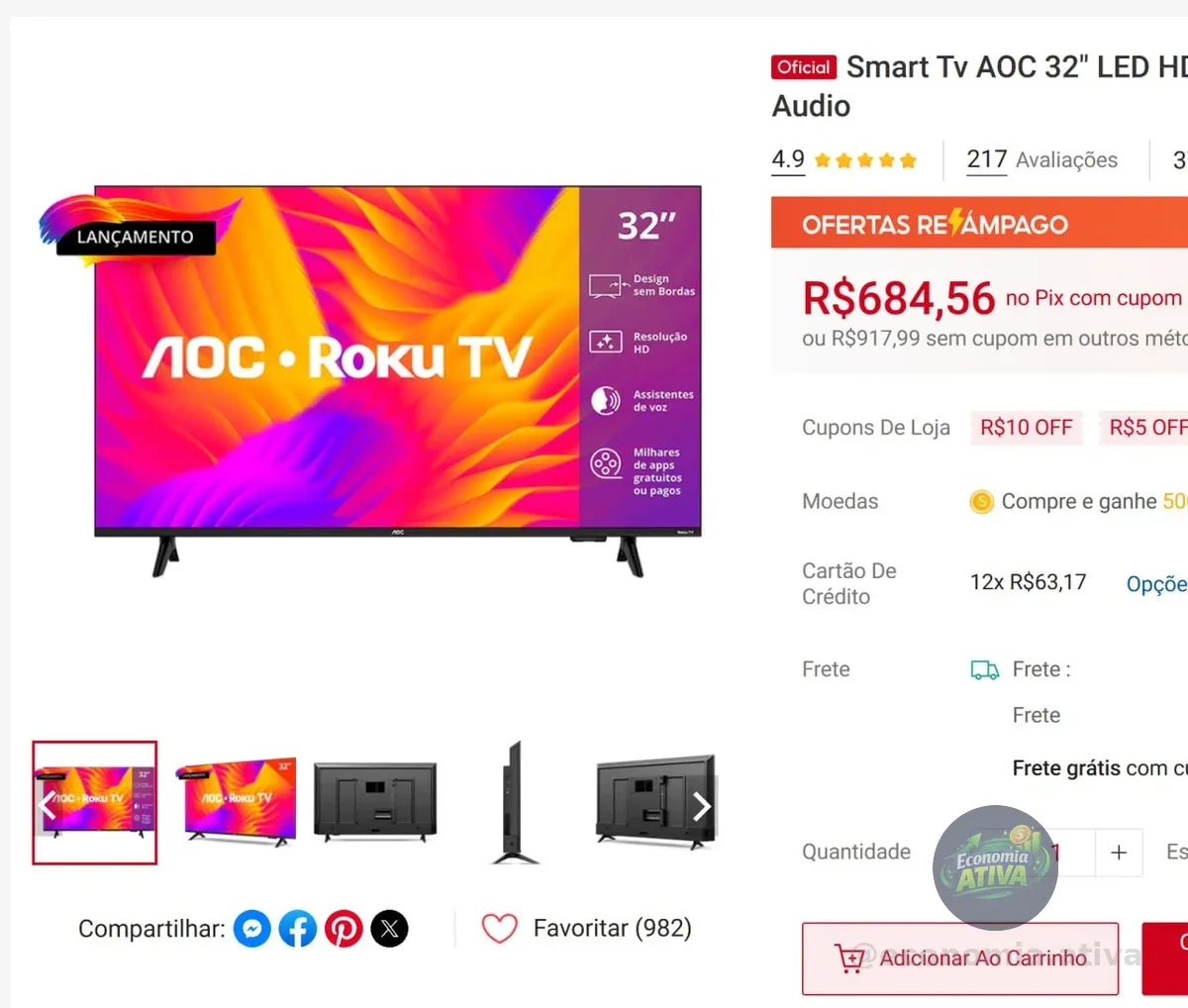 Smart Tv AOC 32" LED HD 32S5155/78G Roku Wifi HDMI Dolby Audio