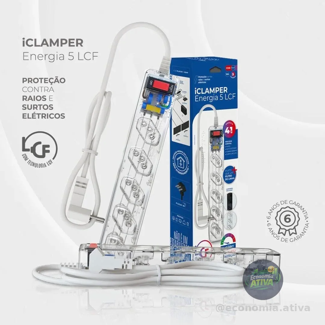 Filtro de Linha CLAMPER iCLAMPER Energia 5, 5 Tomadas, Proteção Contra Surtos Elétricos, 10A, Bivolt, Cabo 1m
