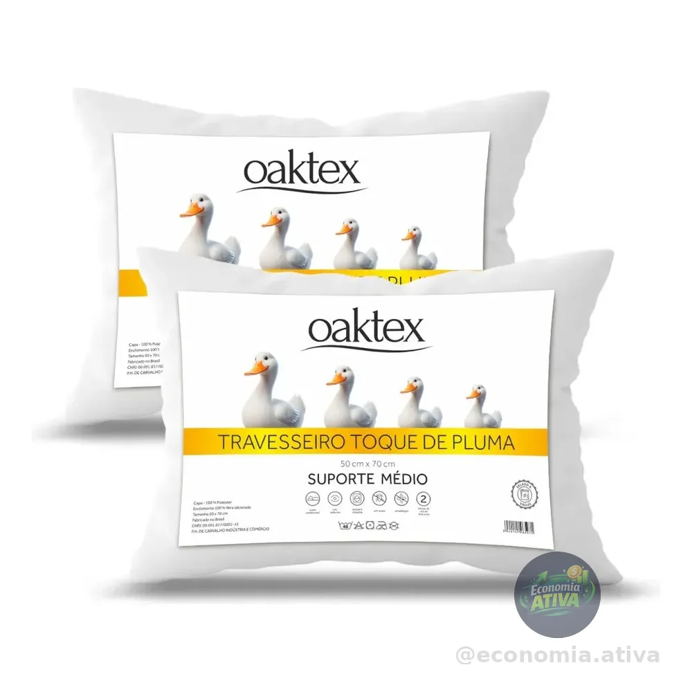Kit 2 Travesseiros 70x50 Antialérgico Lavável Fibra Siliconada Toque De Pluma De Ganso Oaktex Cor Branco