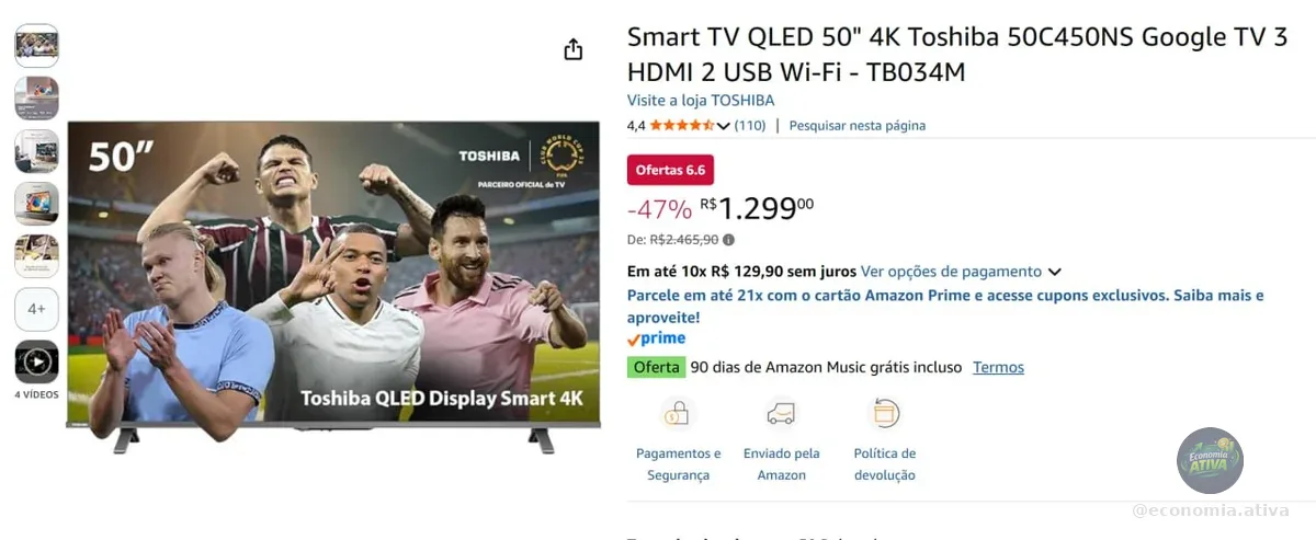 Smart TV QLED 50" 4K Toshiba 50C450NS Google TV 3 HDMI 2 USB Wi-Fi - TB034M