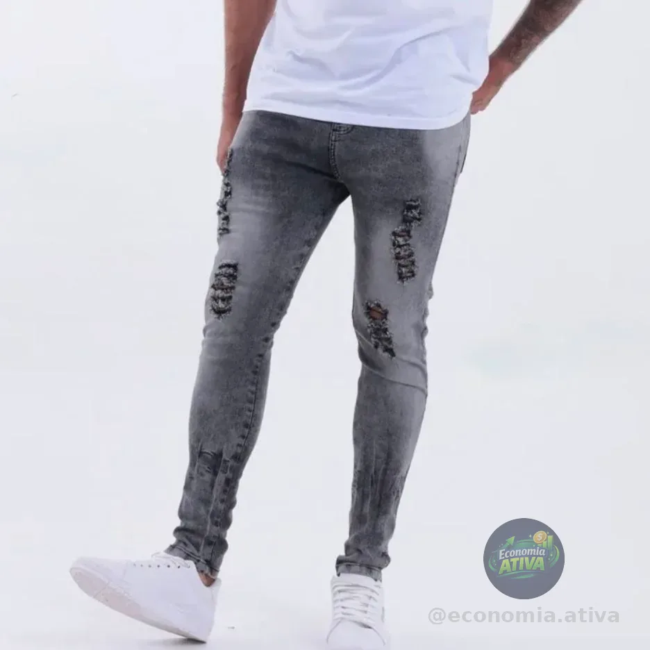Calça Skinny Preta Rasgada Masculina Jeans C/ Elastano Lycra