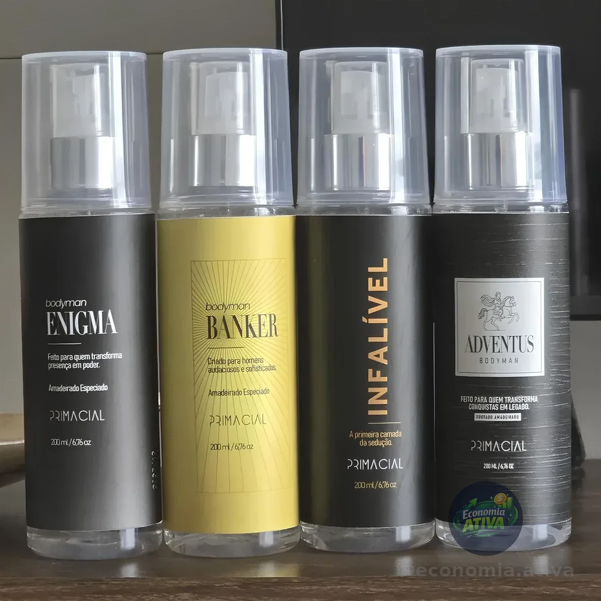 Kit Body Splash Masculino Infalivel + Enigma + Banker + Adventus 200ml - Primacial Perfume Amadeirado