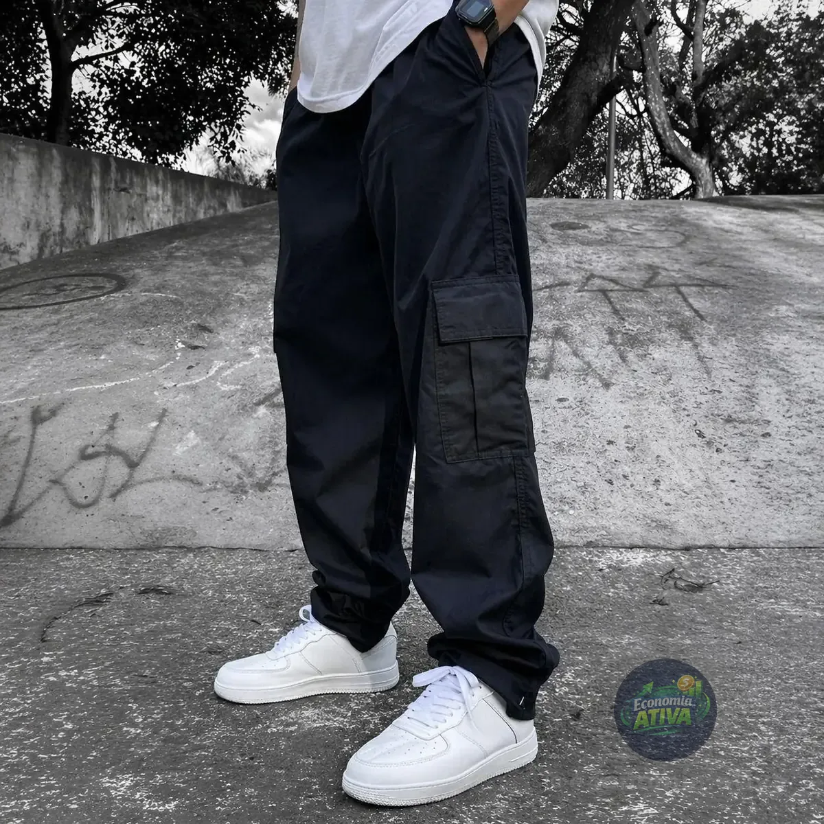 Calça Cargo Masculina Larga Skatista Streetwear Sarja