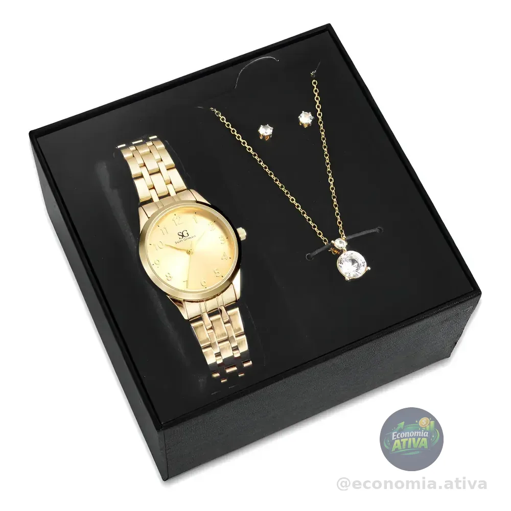 Kit Relógio Colar E Brincos Ponto De Luz Dourado Feminino Luxo Golden Saint Germain Presente Original Joias Elegante Clássico 28mm