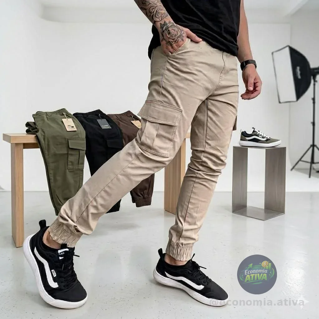 Calça Jogger Cargo Sarja Streetwear