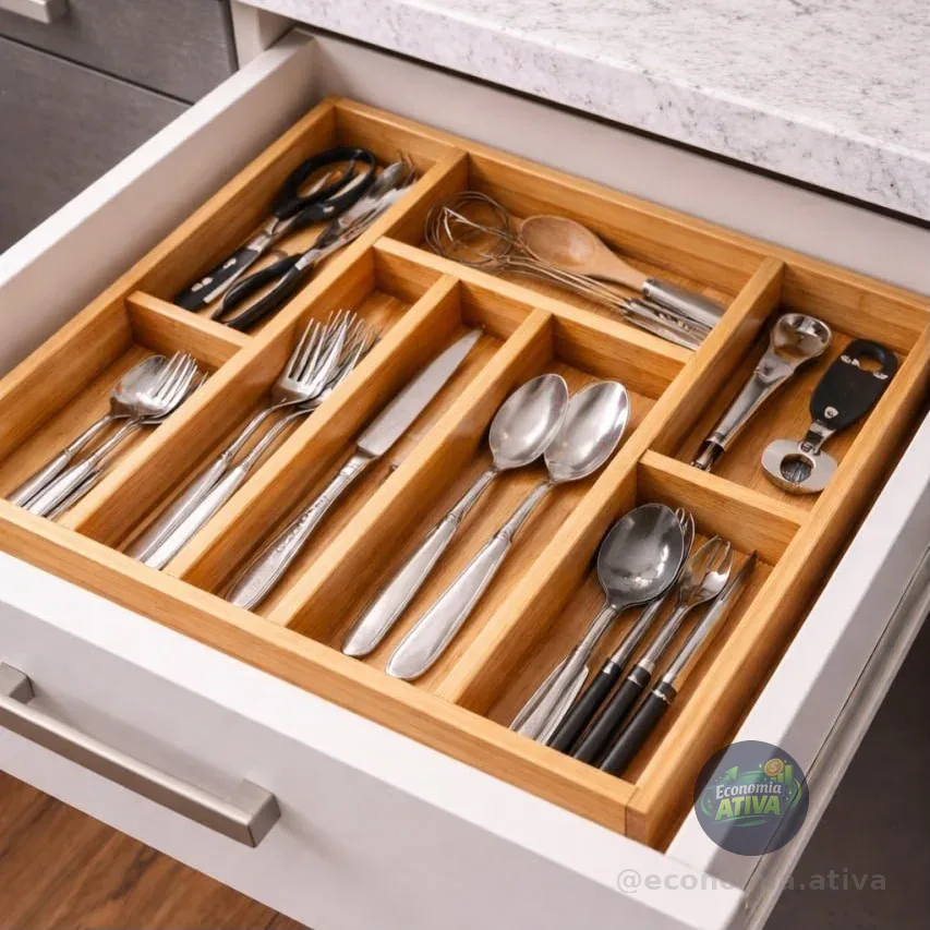 Porta Talher Extensível Organizador Bambu 7 Divisórias
