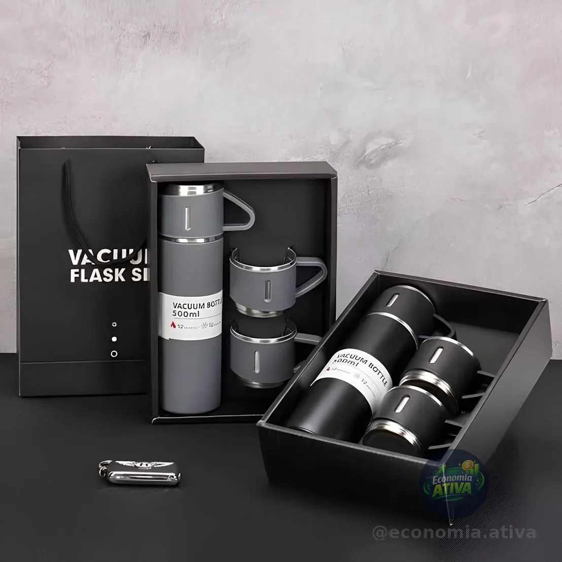 Caneca Kit Garrafa Térmica Vacuum Bottle Inox 500ml + 3 Xícaras