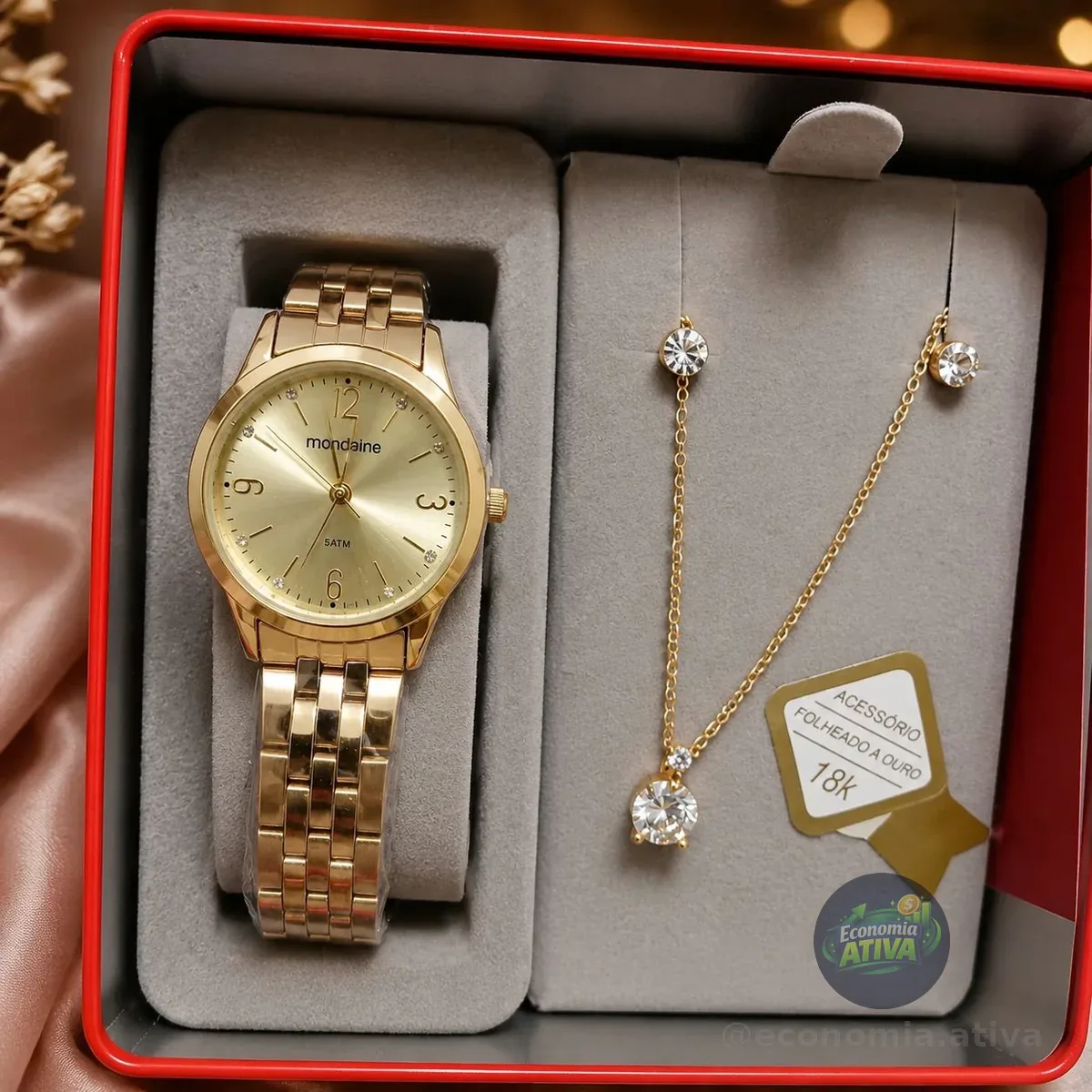Kit Relógio Mondaine Pequeno Dourado E Colar De Cristal