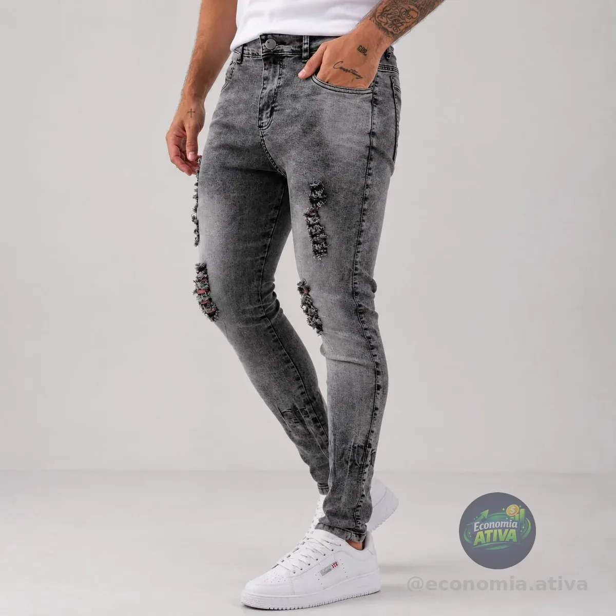 Calça Skinny Preta Rasgada Masculina Jeans Lycra