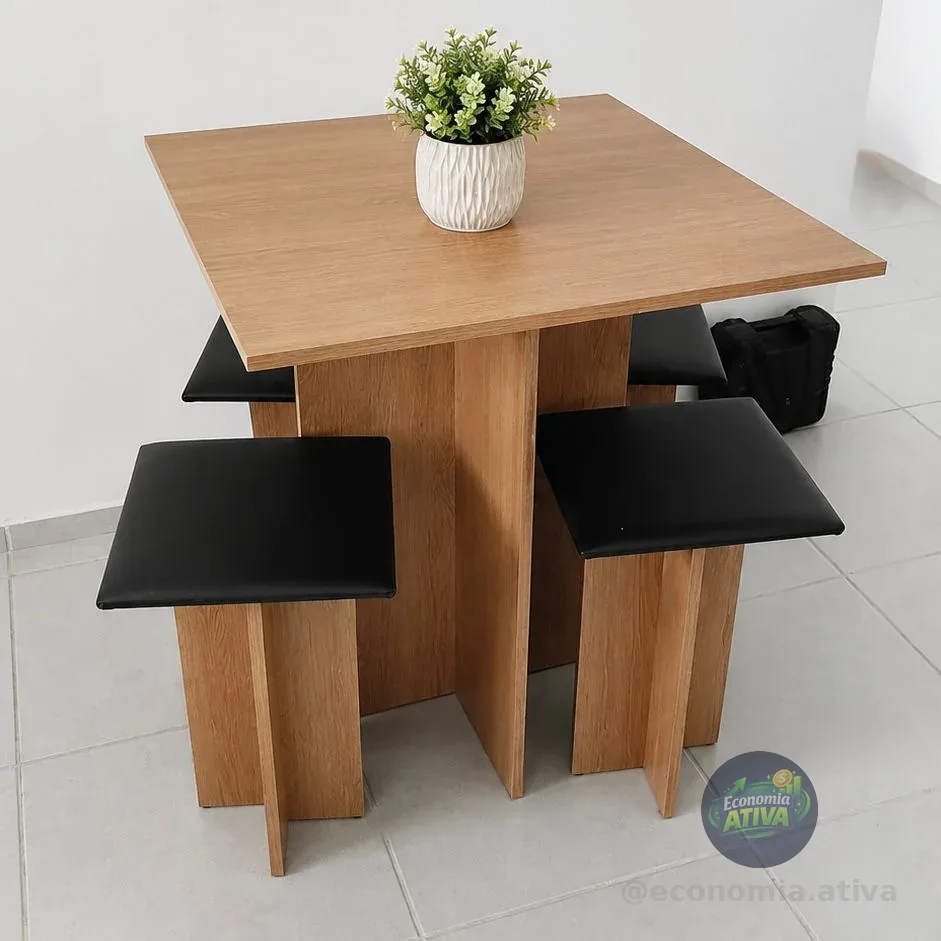 Conjunto Mesa Jantar Cozinha Pequena Compacta E Bancos 4 Lugares