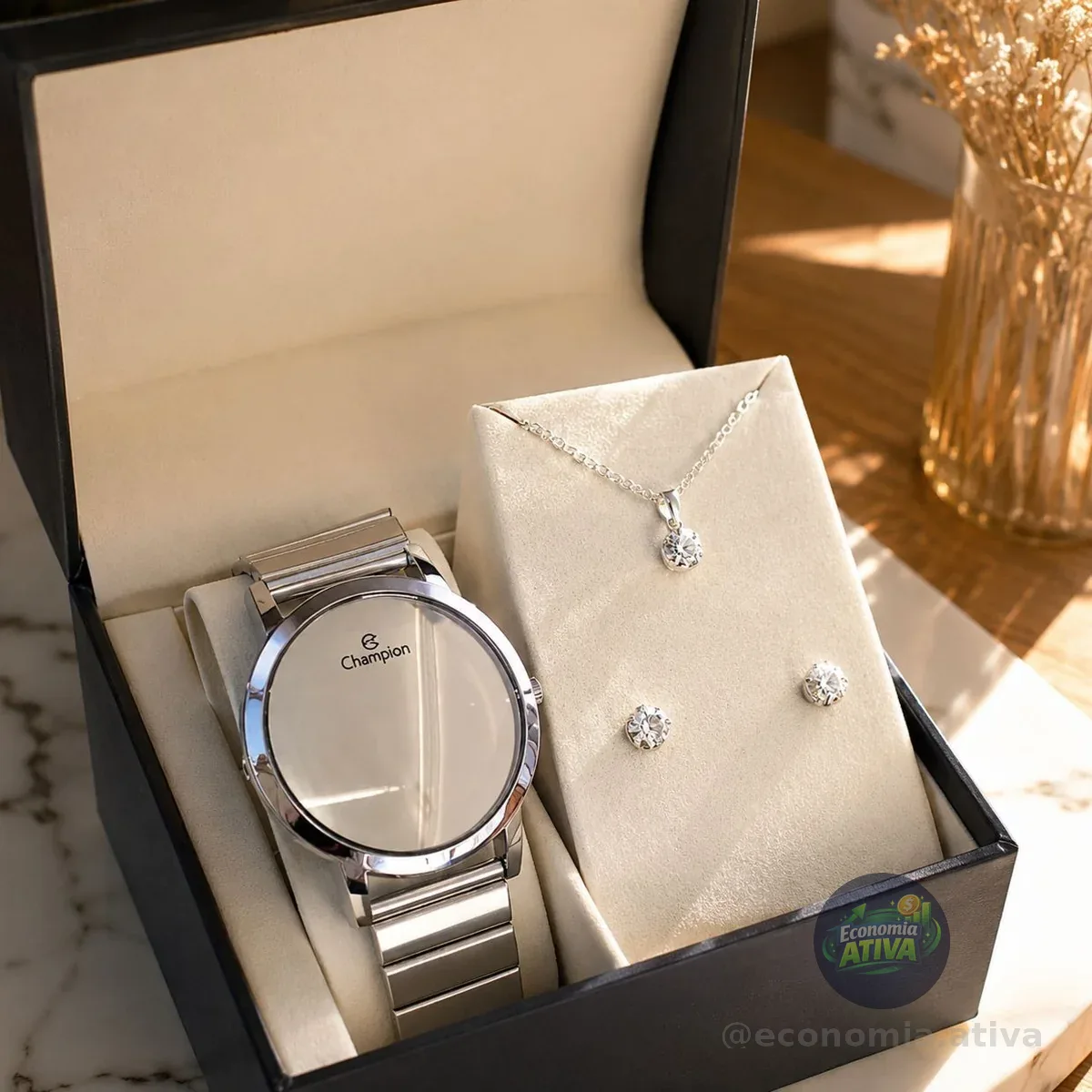 Kit Relógio Feminino Champion Digial Led Espelhado Prata + Colar E Brincos