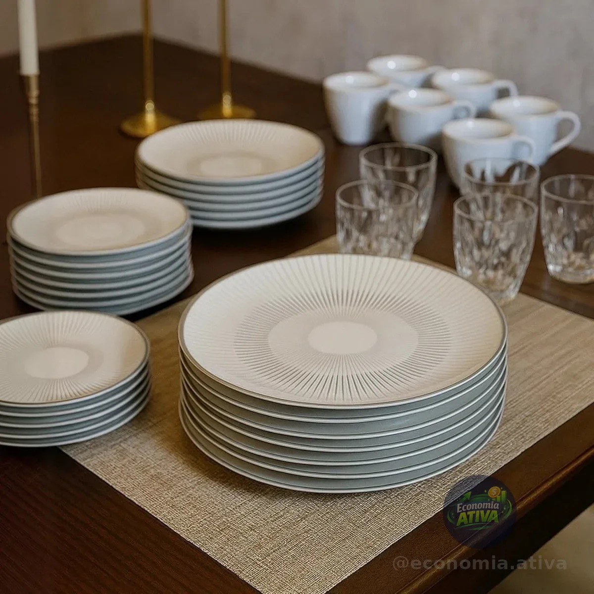 Aparelho De Jantar Tramontina Griz Porcelana Decorada 20 Peças Branco Com Cinza Liso