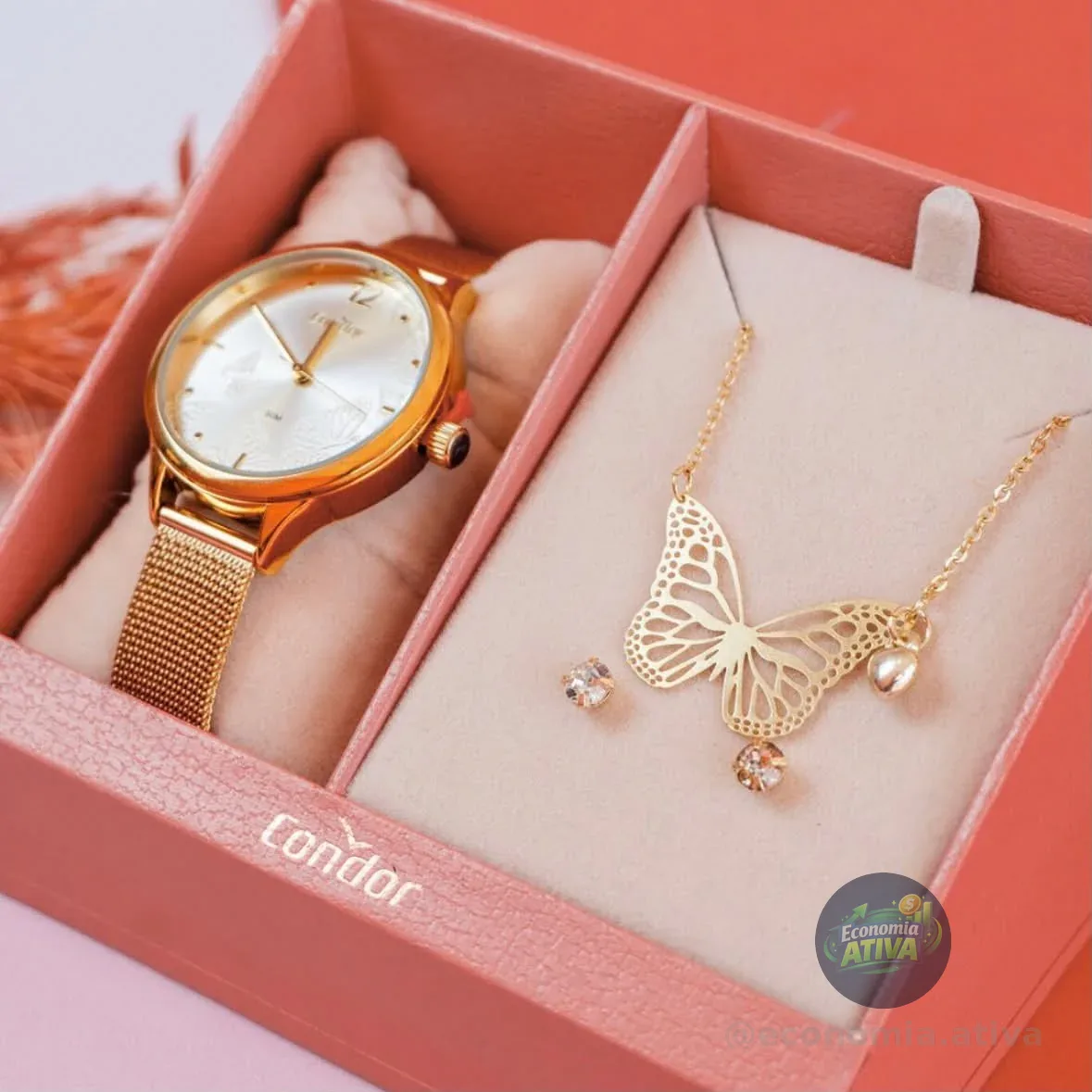 Kit Relógio Feminino Dourado + Condor