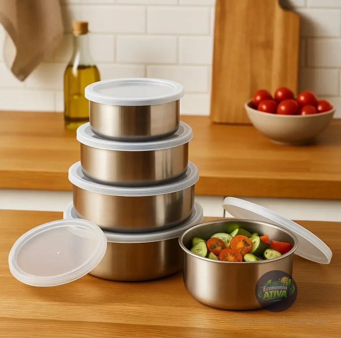 Conjunto Potes Vasilha Organizador Cozinha Geladeira Inox