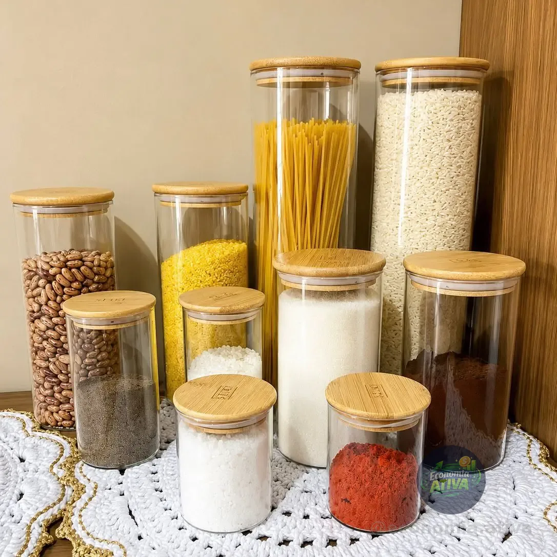 Kit 10 Potes Herméticos Vidro Tampa Bambu Seiri