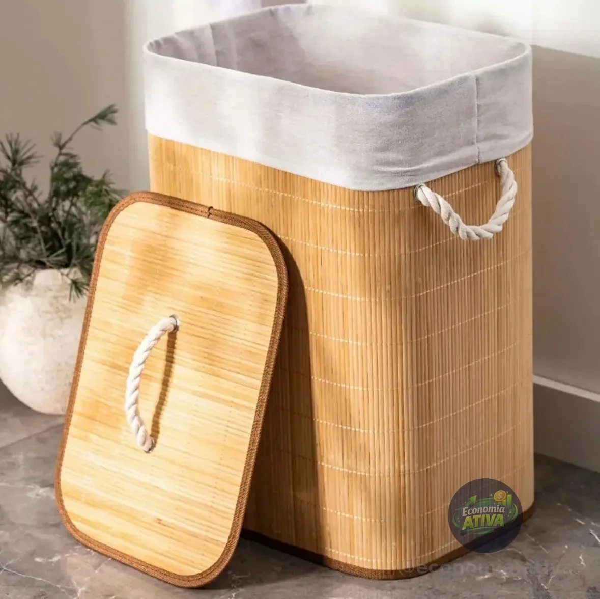Cesto De Roupa Suja De Bambu Com Tampa E Alças 50 Litros
