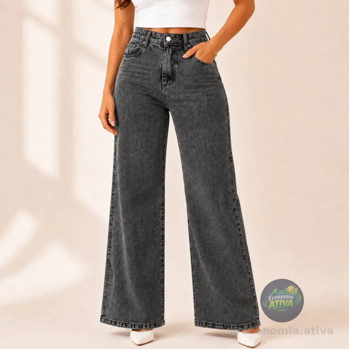 Calça Jeans Pantalona Wide Leg Feminina Cintura Alta