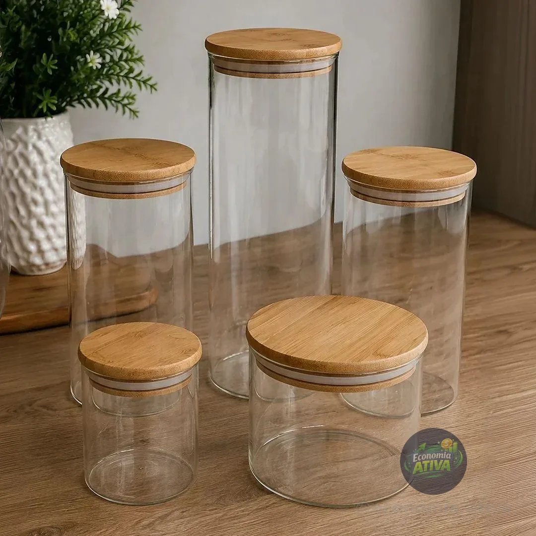 Kit 5 Potes De Vidro Herméticos Com Tampa De Bambu