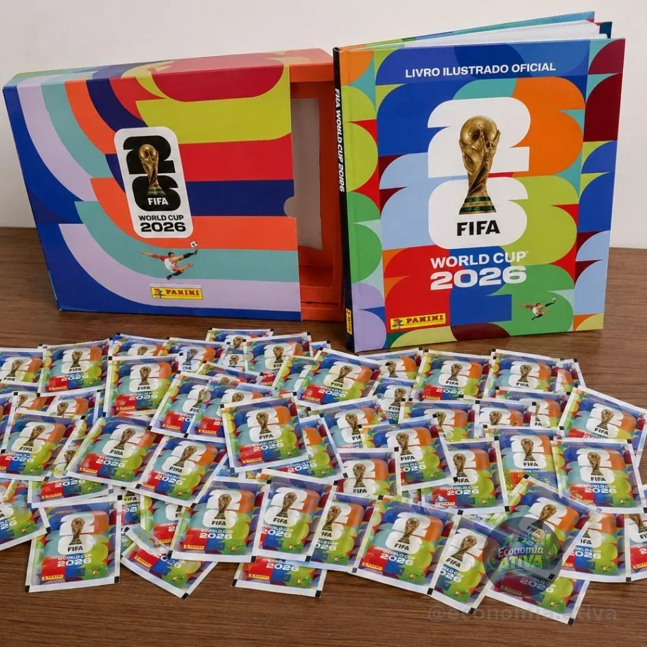 Box Gaveta Álbum de Figurinhas Capa Dura (Colorido) Copa do Mundo FIFA 2026 EUA com 60 Pacotes de Figurinhas Panini