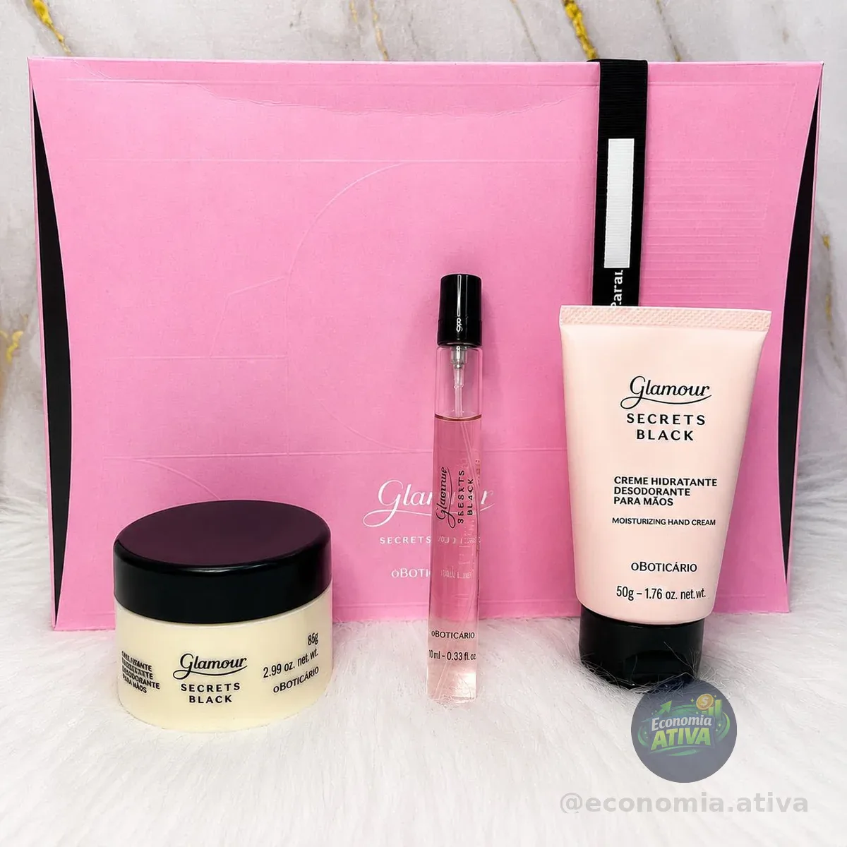 Kit Glamour Secrets Black O Boticário  creme corporal  ⁠Creme p/ mãos  ⁠Colônia