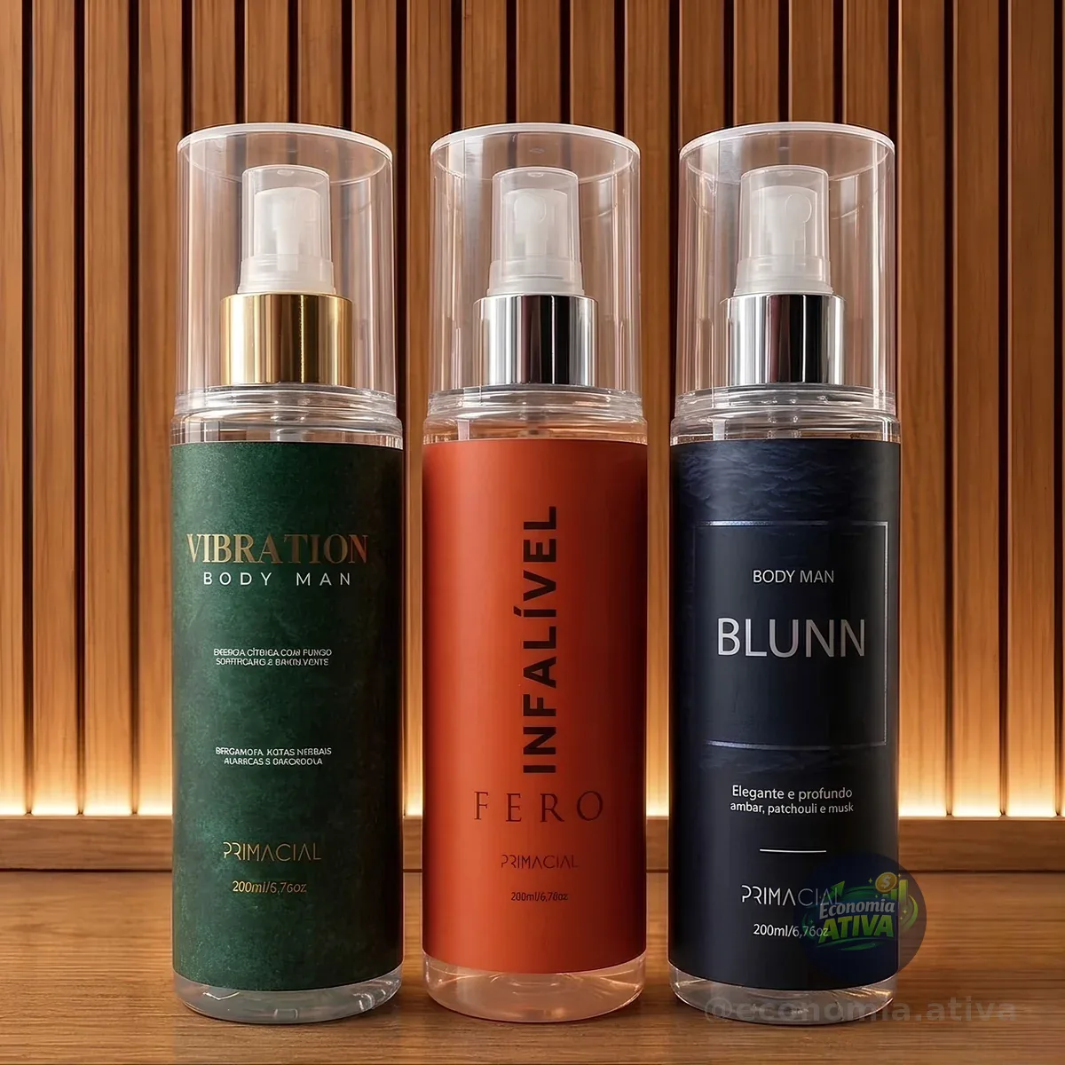 Kit Body Splash Primacial • Vibration 200ml • ⁠Infalível Fero 200ml • ⁠Blunn 200ml