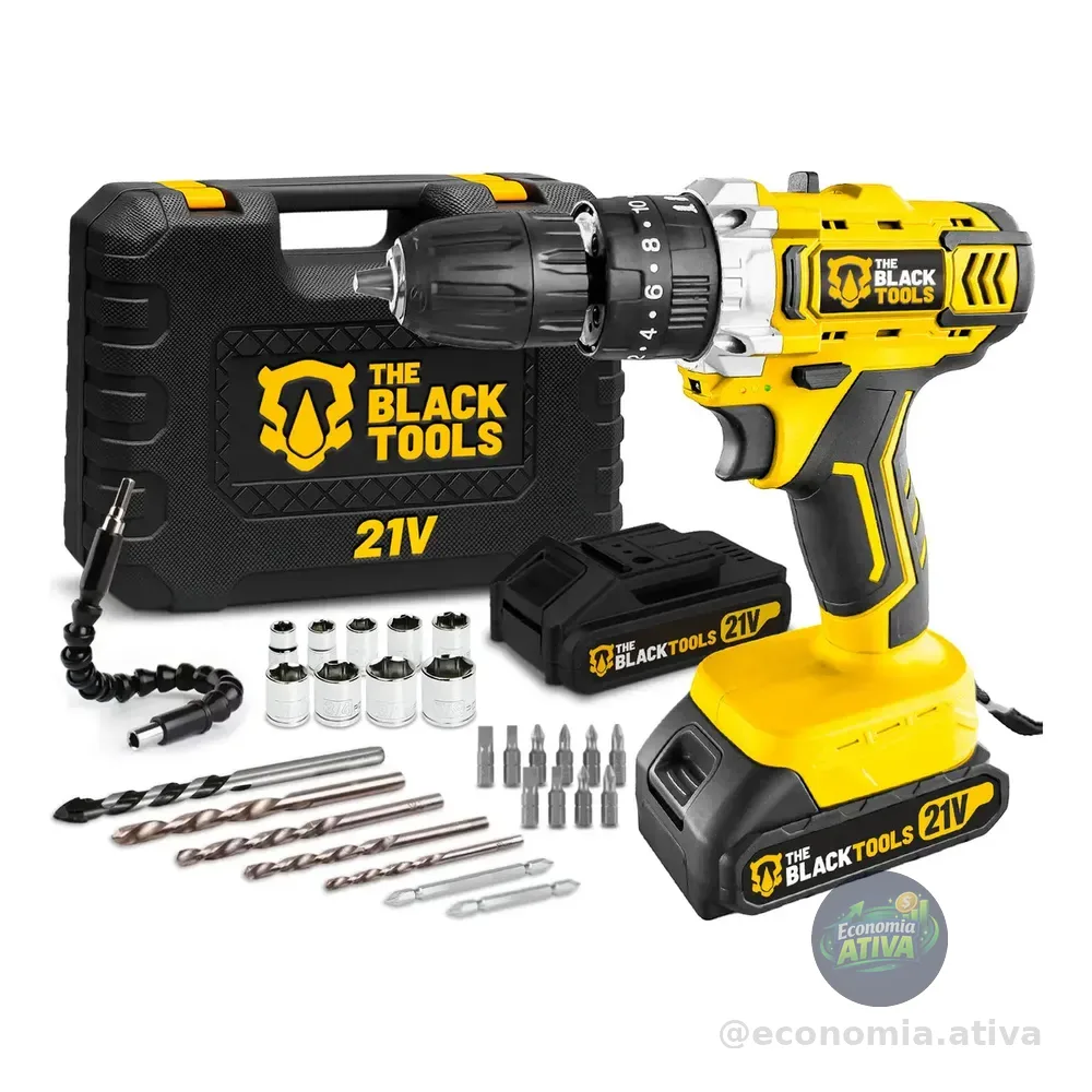 Furadeira E Parafusadeira De Impacto 2 Baterias 2000mah 21v 3/8 Tb-21pkx The Black Tools Com Maleta E Acessorios Amarelo/preto 127/220v 60hz