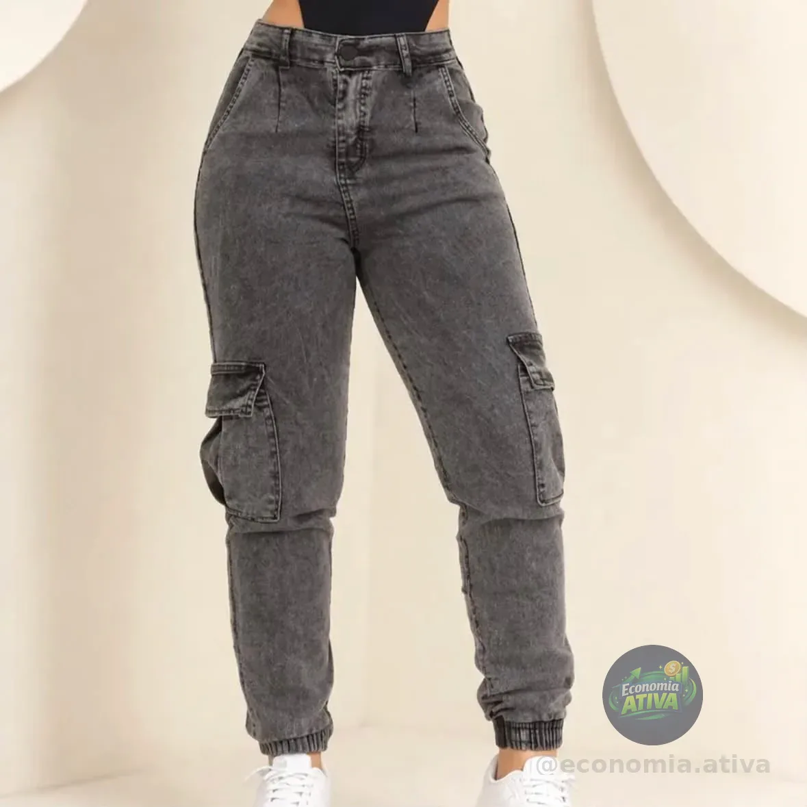 Calça Cargo Jogger Jeans Feminina Cintura Alta Com Lycra