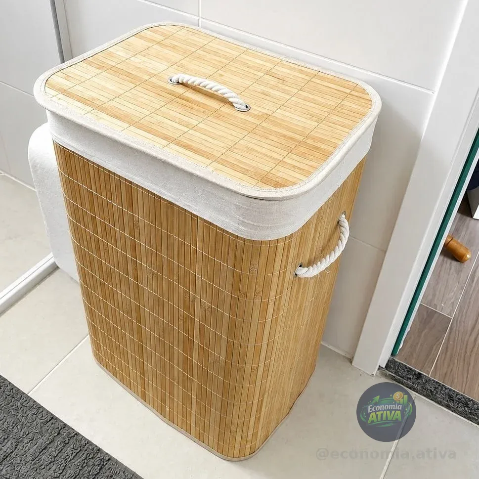 Cesto Bambu Jolitex Retangular Com Tampa Bege Liso