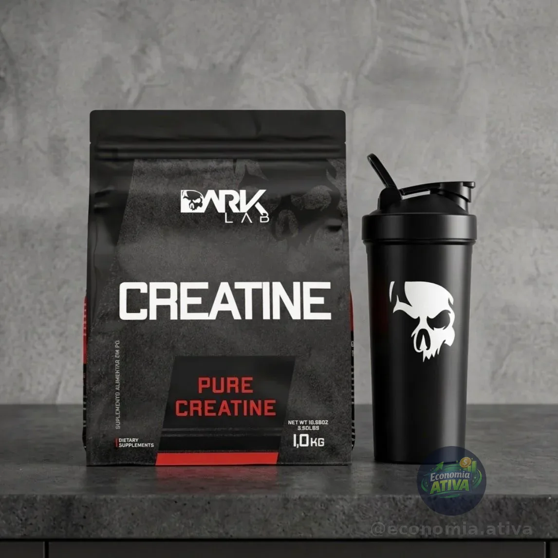 Kit Dark Lab • Creatina Pura 1kg • ⁠Coqueteleira 700ml • ⁠Revista