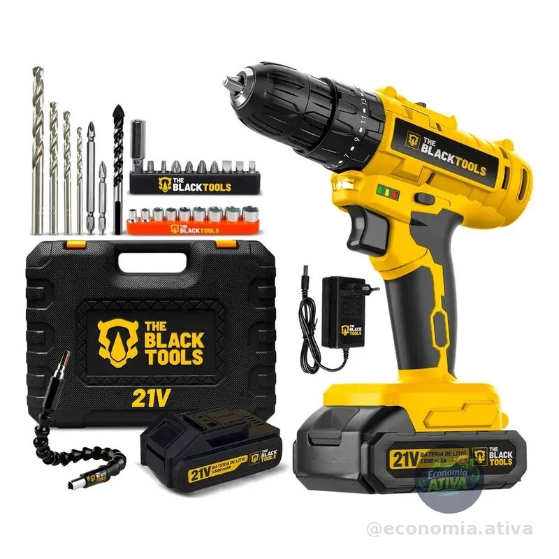 Parafusadeira Furadeira De Impacto A Bateria 21v 3/8 Bivolt 1400 Rpm Com Acessórios E Maleta Tb-21pzw The Black Tools Amarelo 127/220v 60 Hz