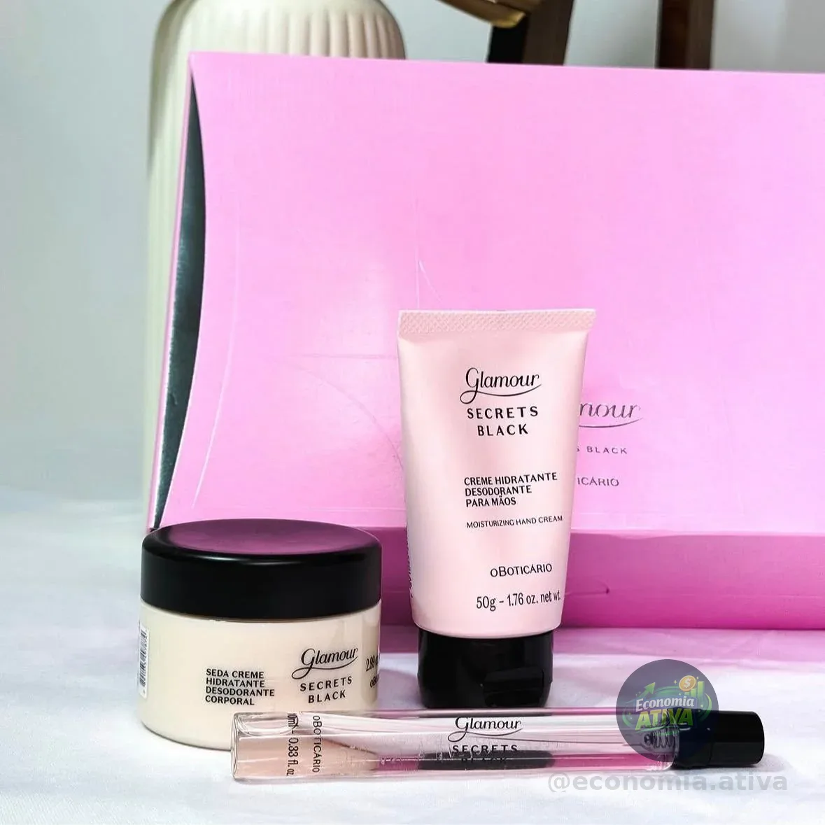 Kit Glamour Secrets Black • Creme Corporal • ⁠Creme p/ mãos • ⁠Colônia