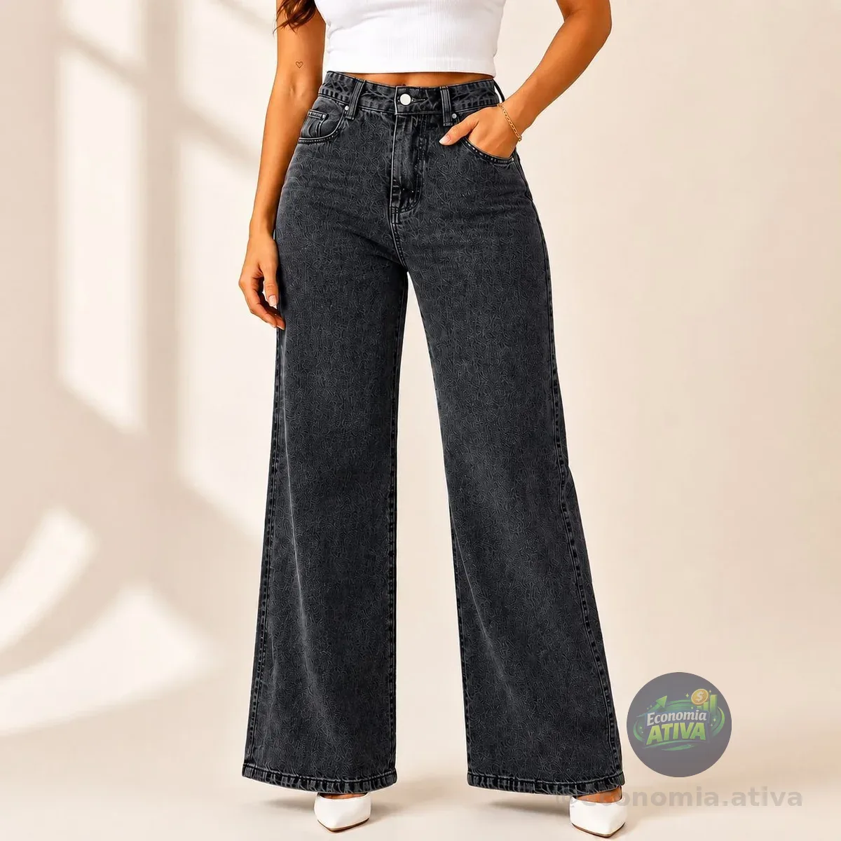 Calça Jeans Pantalona Wide Leg Cintura Alta