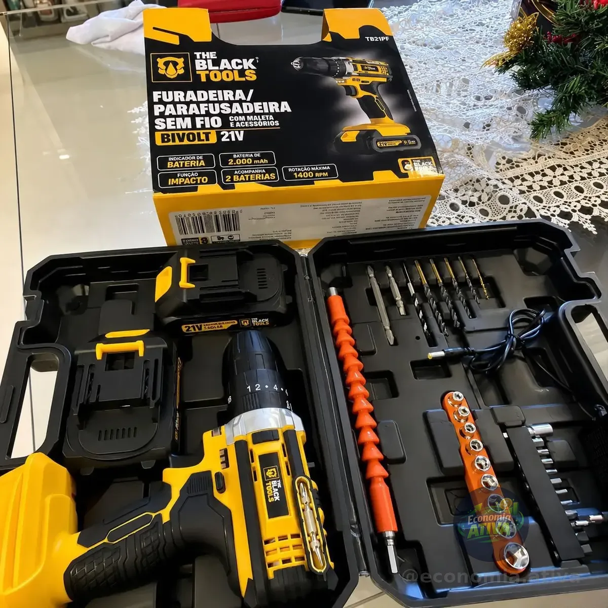 Parafusadeira Furadeira De Impacto The Black Tools 2 Baterias Com Maleta